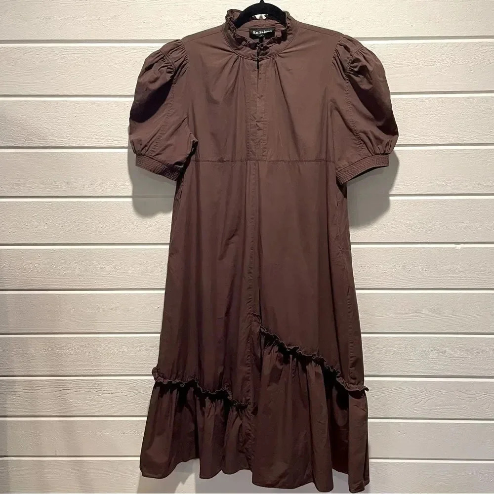 En Saison Maxi Balloon Sleeve Asymmetrical Boho Keyhole Poplin Dress in Brown L